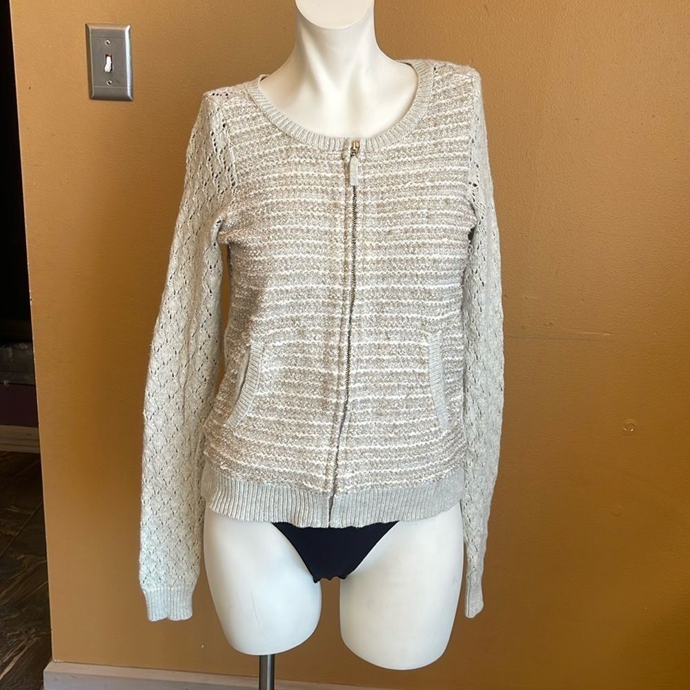 Anthropologie MOTH beige zip up sweater w/ silver/gold colors throughout size S